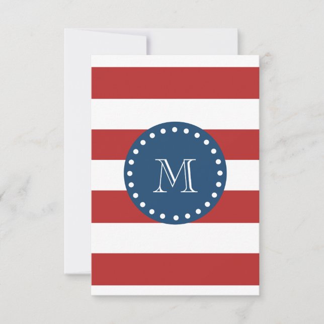 Red White Stripes Pattern, Navy Blue Monogram Invitation (Front)