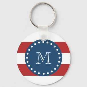 Red White Stripes Pattern, Navy Blue Monogram Keychain
