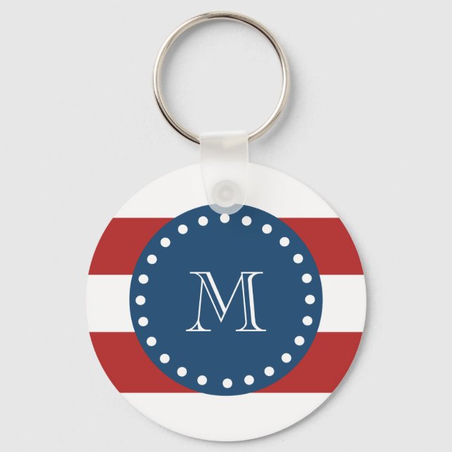Red White Stripes Pattern, Navy Blue Monogram Keychain (Front)