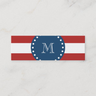 Red White Stripes Pattern, Navy Blue Monogram Mini Business Card