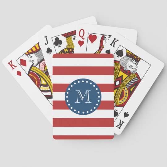 Red White Stripes Pattern, Navy Blue Monogram Playing Cards