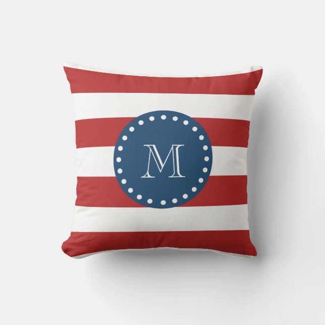 Red White Stripes Pattern, Navy Blue Monogram Throw Pillow (Front)