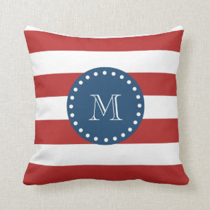 Red White Stripes Pattern, Navy Blue Monogram Throw Pillow