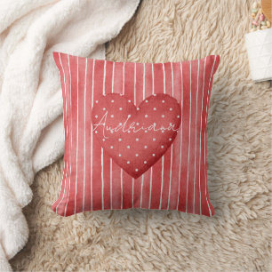 Red White Stripes Polka Dots Heart Throw Pillow