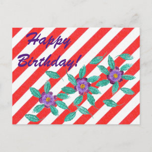 Red White Stripes Purple Flowers Birthday Postcard