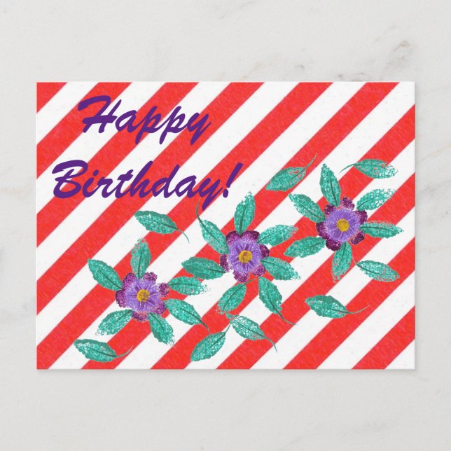 Red White Stripes Purple Flowers Birthday Postcard (Front)