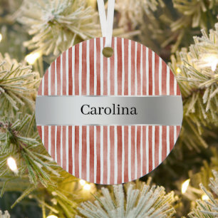 Red White Stripes Silver Ribbon Christmas Metal Ornament