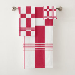 Red White Tartan Check Plaid  Bath Towel Set