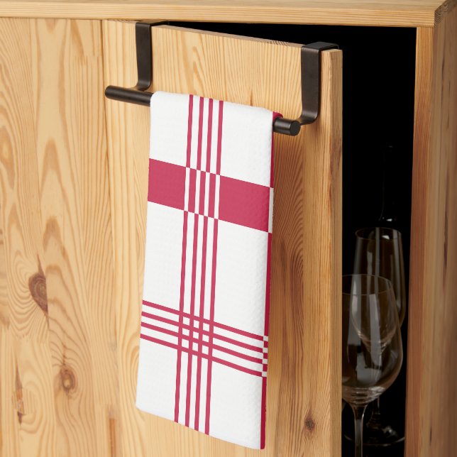 Red White Tartan Plaid Stripes Pattern Kitchen Towel (Thirds Fold)