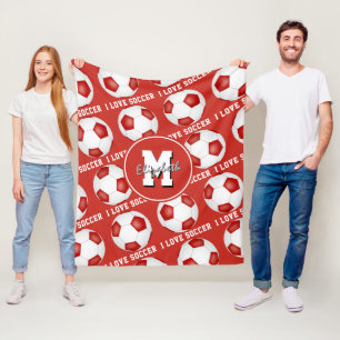 Red white team colours I love soccer text pattern Fleece Blanket