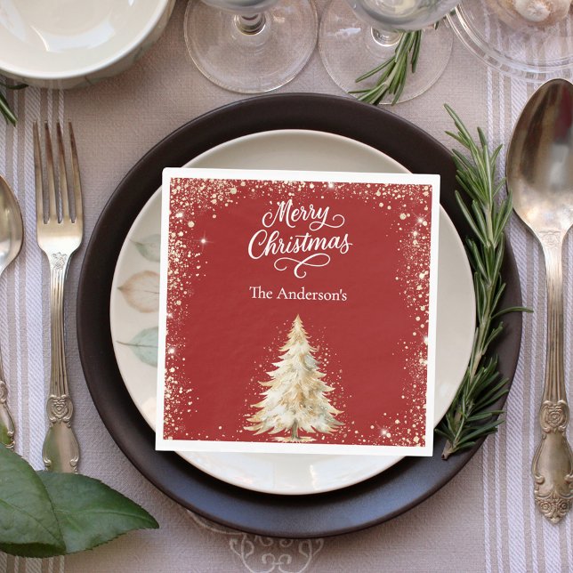 Red white tree snow glitter Christmas luncheon Napkin (Creator Uploaded)