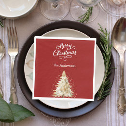 Red white tree snow script Christmas luncheon Napkin
