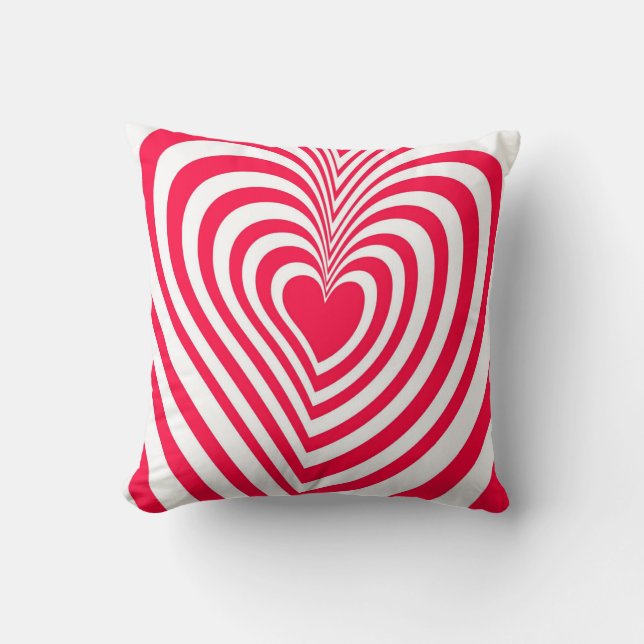 Red White Trippy Hypnotic Heart Love Pattern Throw Pillow (Front)