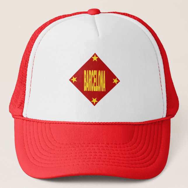 Red White Trucker Hat BARCELONA Design (Front)