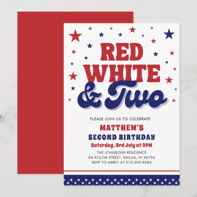 Red, White & Two 4th July 2nd Birthday Party Invitation (Front/Back)