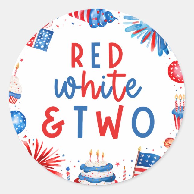 Red, White & Two 4th of July 2nd Birthday Party Classic Round Sticker (Front)