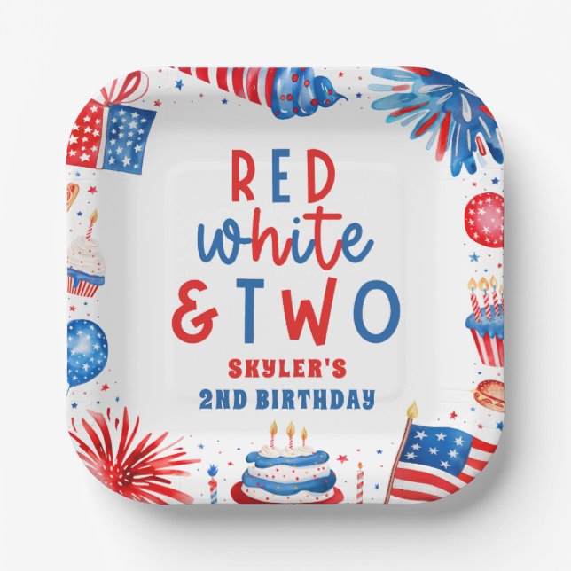 Red, White & Two 4th of July 2nd Birthday Party Paper Plate (Front)
