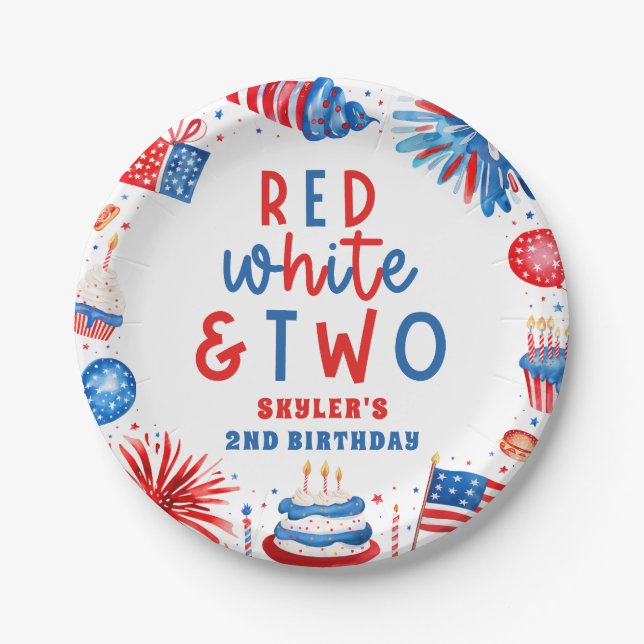 Red, White & Two 4th of July 2nd Birthday Party Paper Plate (Front)