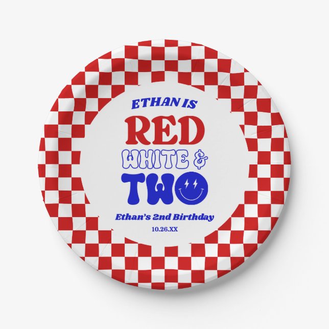 Red White & Two 4th of July 2nd Birthday Party Paper Plate (Front)