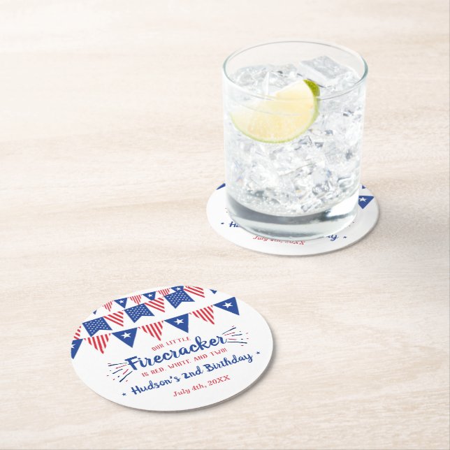 Red, White & Two! 4th Of July 2nd Birthday Party Round Paper Coaster (Insitu)
