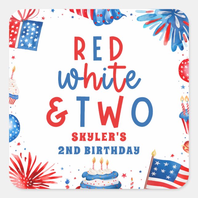 Red, White & Two 4th of July 2nd Birthday Party Square Sticker (Front)