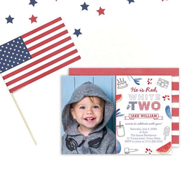 Red White TWO Unisex 2nd Birthday Party Picture Invitation (Creator Uploaded)