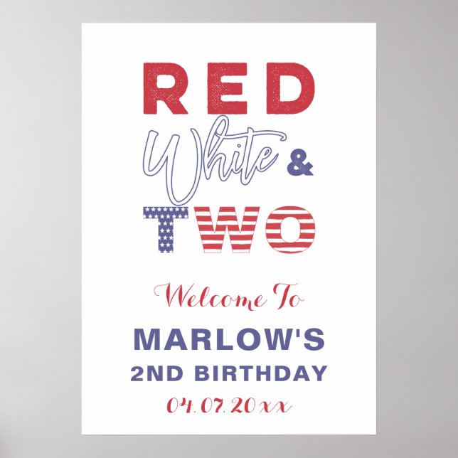 Red White & TWO Unisex 2nd Birthday Party Welcome  Poster (Front)