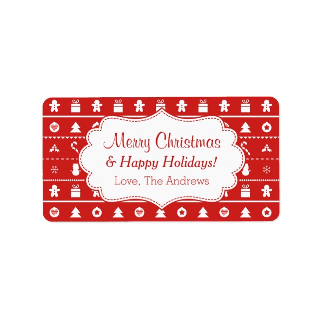 Red White Ugly Christmas Sweater Icons Pattern Label (Front)