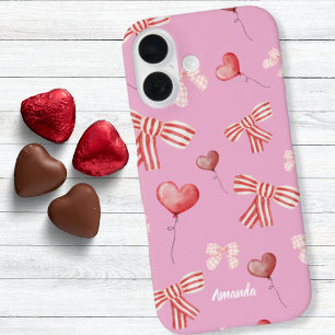 Red White Valentine Bows and Heart Balloons iPhone 16 Case