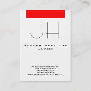 Red white vertical modern plain monogram business card
