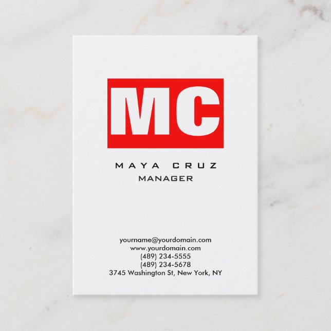 Red white vertical modern plain trendy stylish business card (Front)