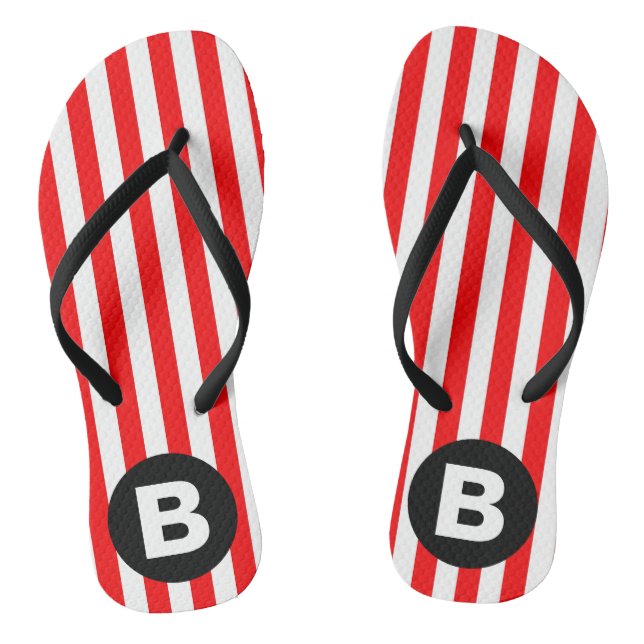 Red White Vertical Stripes Black Monogram Flip Flops (Footbed)