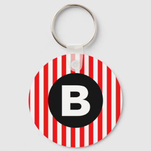 Red White Vertical Stripes Black Monogram Keychain