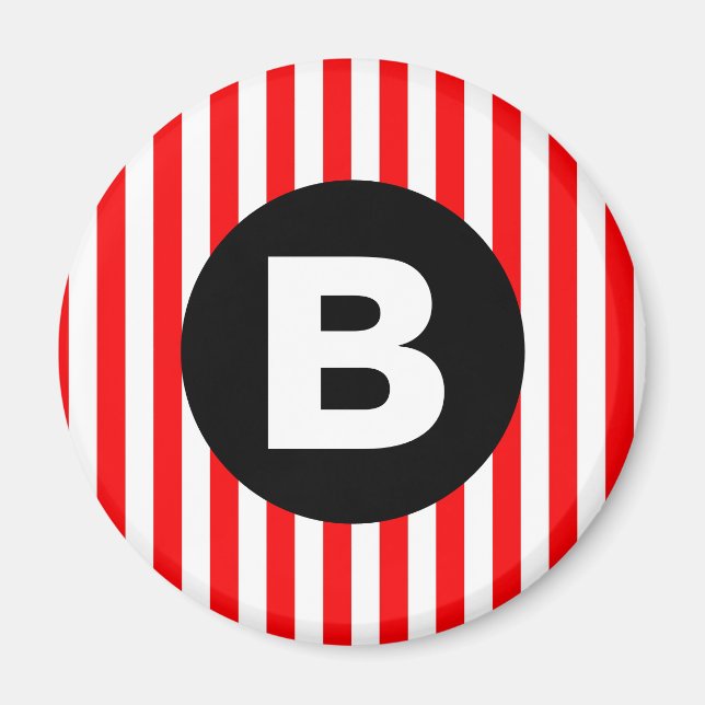 Red White Vertical Stripes Black Monogram Magnet (Front)