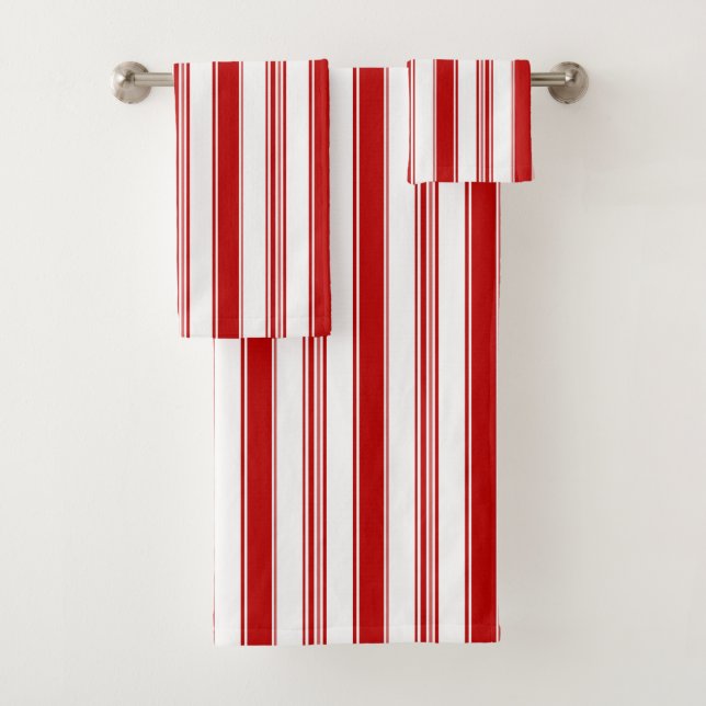 Red & White Vertical Stripes (large scale) Bath Towel Set (Insitu)