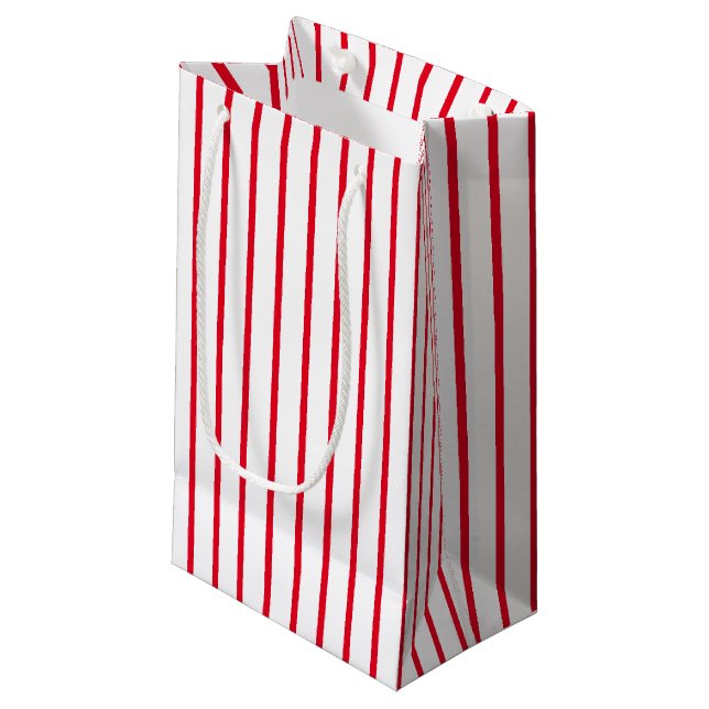 Red white vertical Stripes pattern Birthday Small Gift Bag (Front Angled)