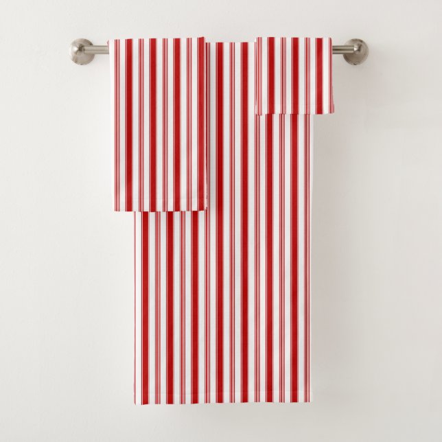 Red & White Vertical Stripes (small scale) Bath Towel Set (Insitu)