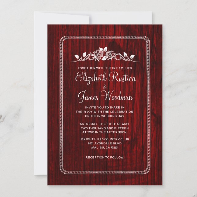 Red & White Vintage Barn Wood Wedding Invitations (Front)
