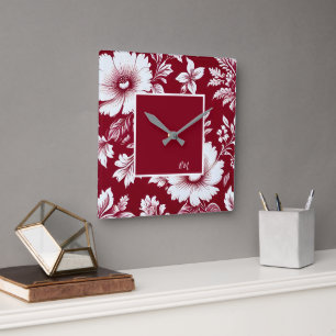 red & white vintage Beautiful Garden Flowers Square Wall Clock