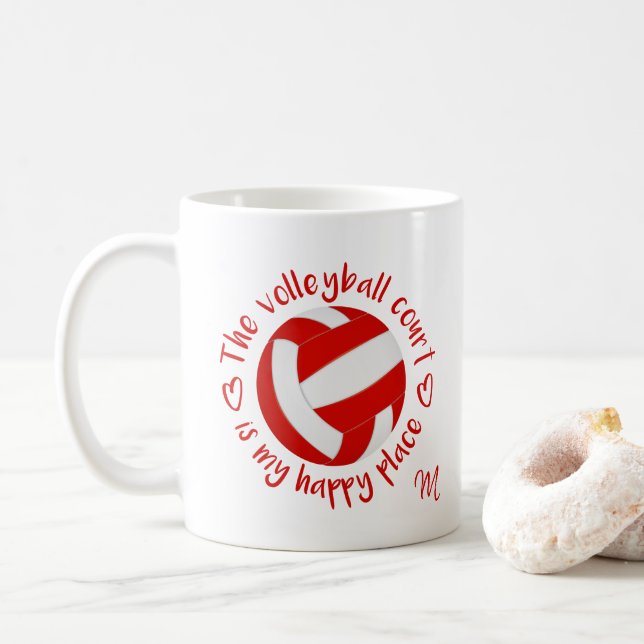 red white volleyball court is my happy place coffee mug (With Donut)
