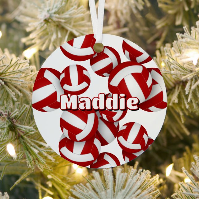 red white volleyballs w athlete name keepsake metal ornament (Insitu)