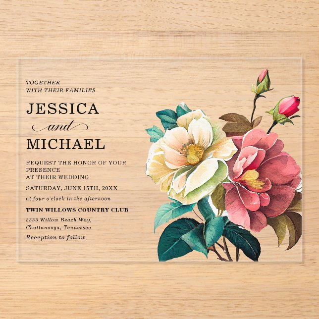Red White Watercolor Floral Wedding Acrylic Invitations (Front)