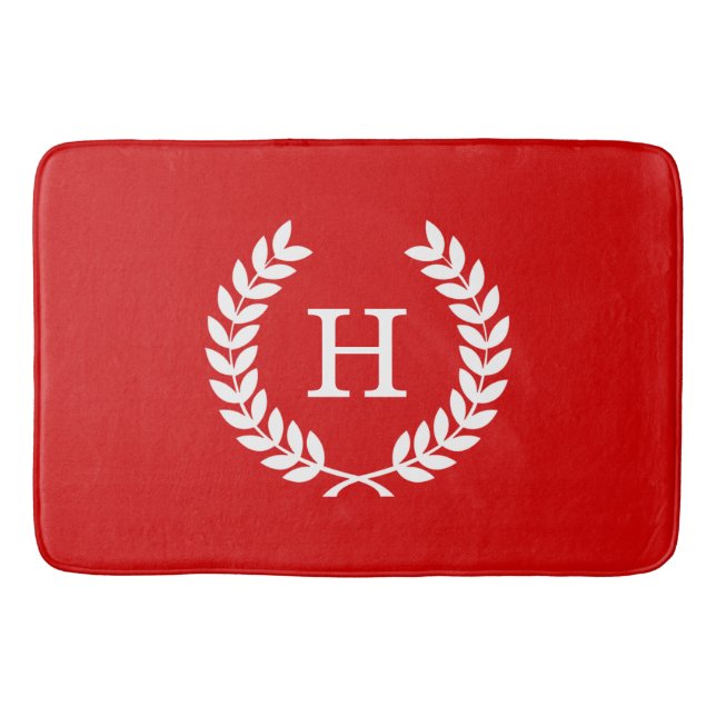 Red White Wheat Laurel Wreath Initial Monogram Bath Mat (Front)