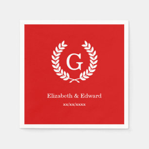 Red White Wheat Laurel Wreath Initial Monogram Napkin