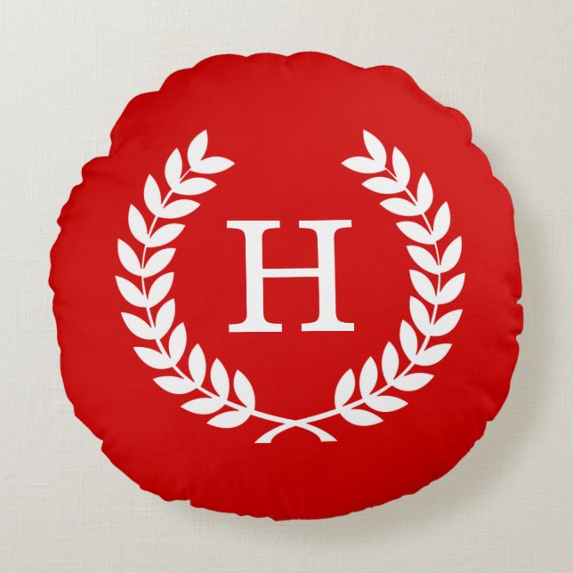 Red White Wheat Laurel Wreath Initial Monogram Round Pillow (Front)