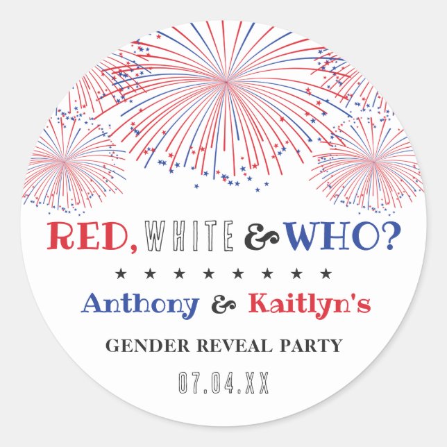 Red, White & Who? 4th Of July Gender Reveal Party Classic Round Sticker (Front)