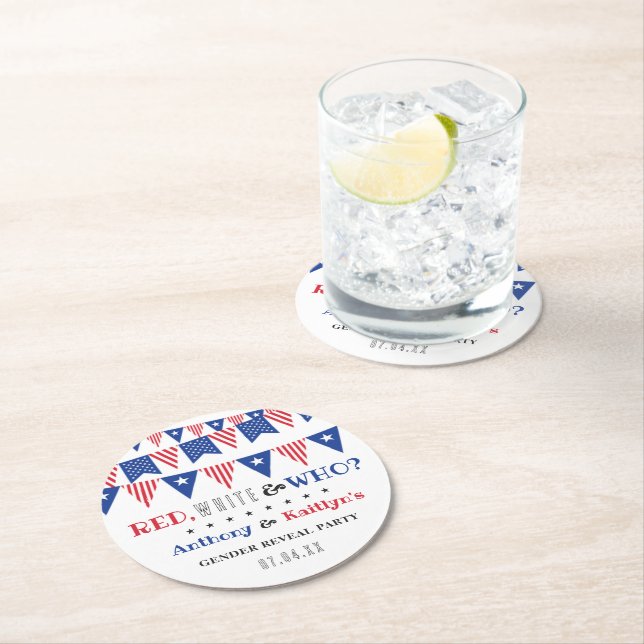Red, White & Who? 4th Of July Gender Reveal Party Round Paper Coaster (Insitu)