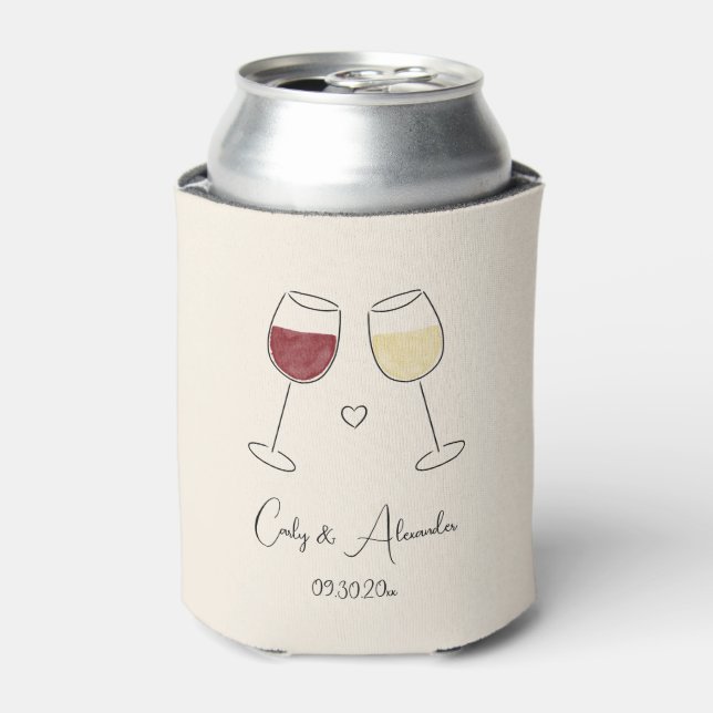 Red White Wine Glass Cheers Wedding Engagement Can Cooler (Can Front)