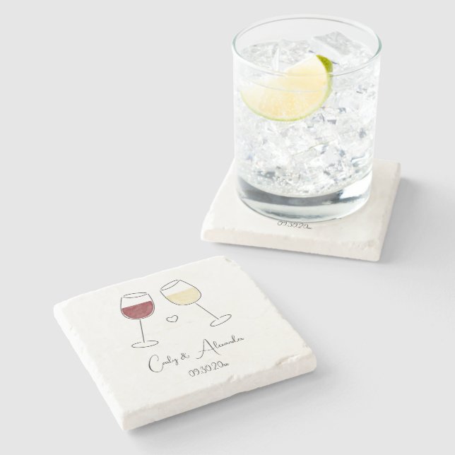 Red White Wine Glass Wedding Engagement Favour Stone Coaster (Side)