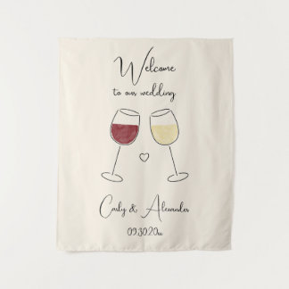 Red White Wine Glass Wedding Welcome Tapestry